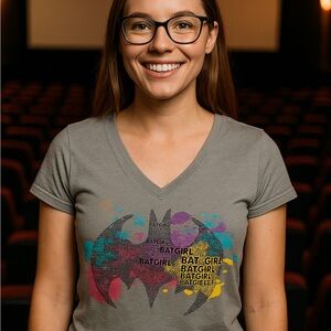 Batgirl Gray Graphic V-Neck T-Shirt festival boho large Y2K